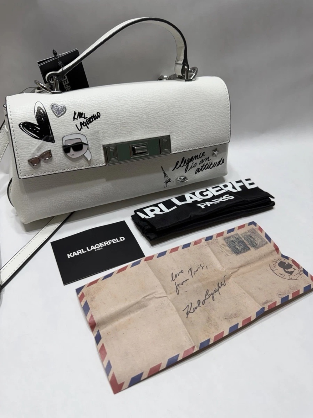 🤍Karl Lagerfeld White Leather Satchel with Playful Appliqués🆕